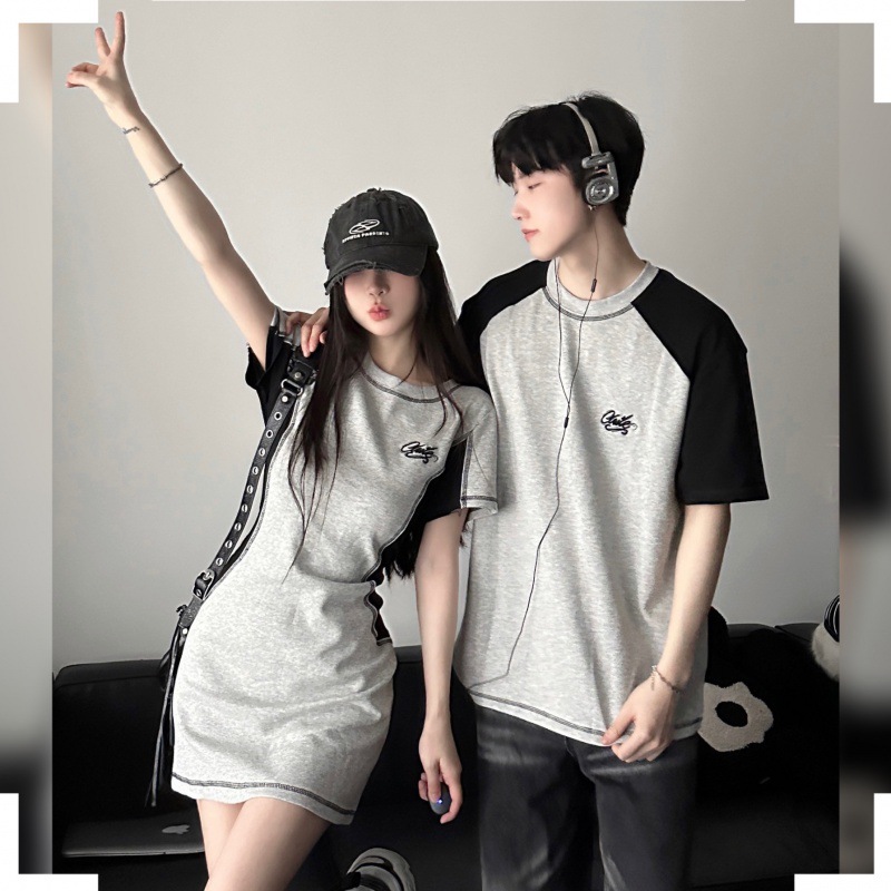 Summer 2024 American sports short-sleeved T-shirt dress high waist slimming A- line skirt couple's T-shirt