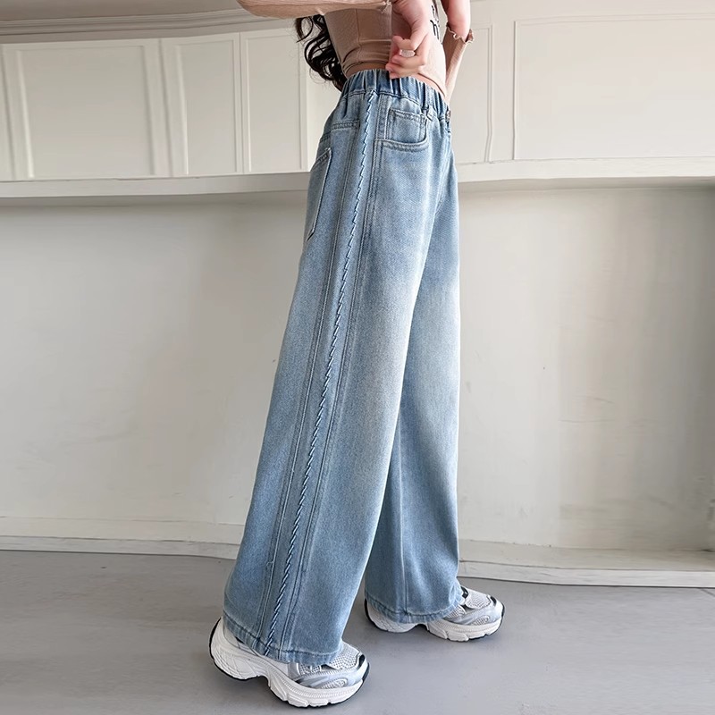 Girls' Denim Wide Leg Pants 2025 Spring and Autumn New Western Style Girls' Fashionable Loose High Waist Straight Pants Long Pants