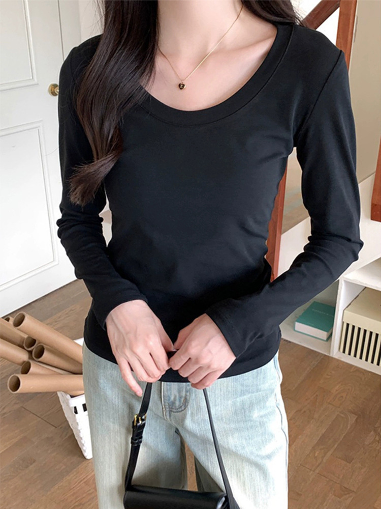 Shoulder Long Sleeve U-Neck T-Shirt Women's Autumn and Winter 2025 New Cotton Slim-Fit Low Crewneck Basic New Top