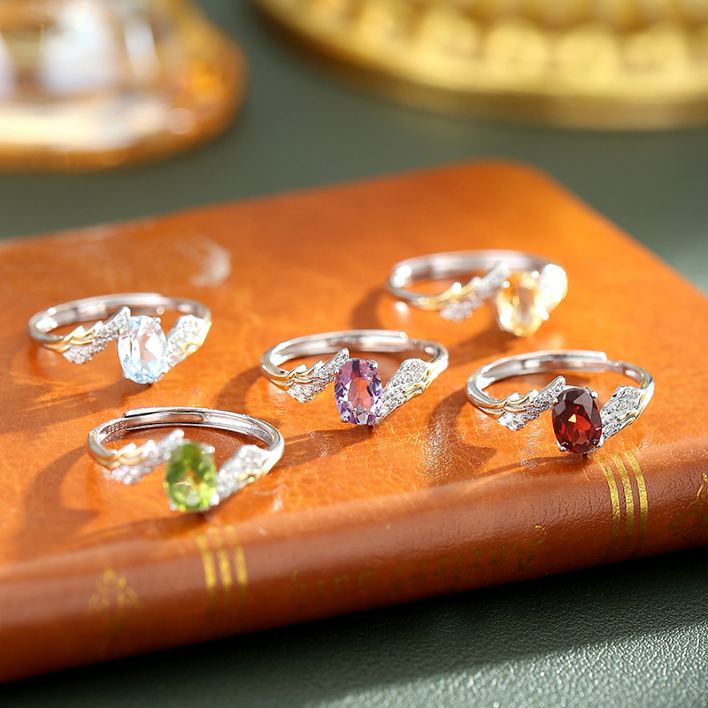 S925 Sterling Silver Ring Women's Natural Crystal Stone Angel Wings Hand Jewelry Niche High-End Non-Fading Open Ring