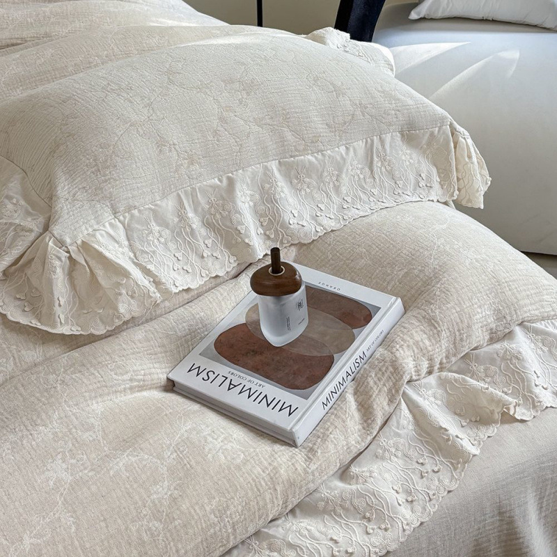 French Elegant Quilt Cover Lily of the Valley Bed Bed Sheets Lace Four-Piece Set Class a Rustic B&B Quilt Cover Cotton and Linen Song