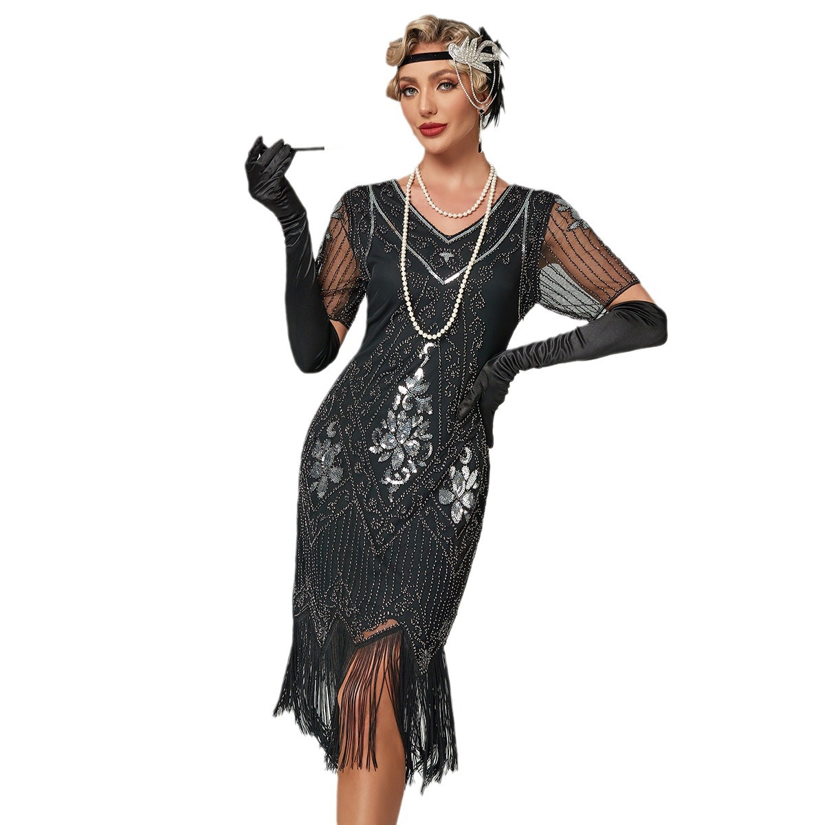 Gatsby Dress New Hand-Embroidered Beaded Sequin Skirt European and American Banquet Dress V Neck Short-Sleeved Dress