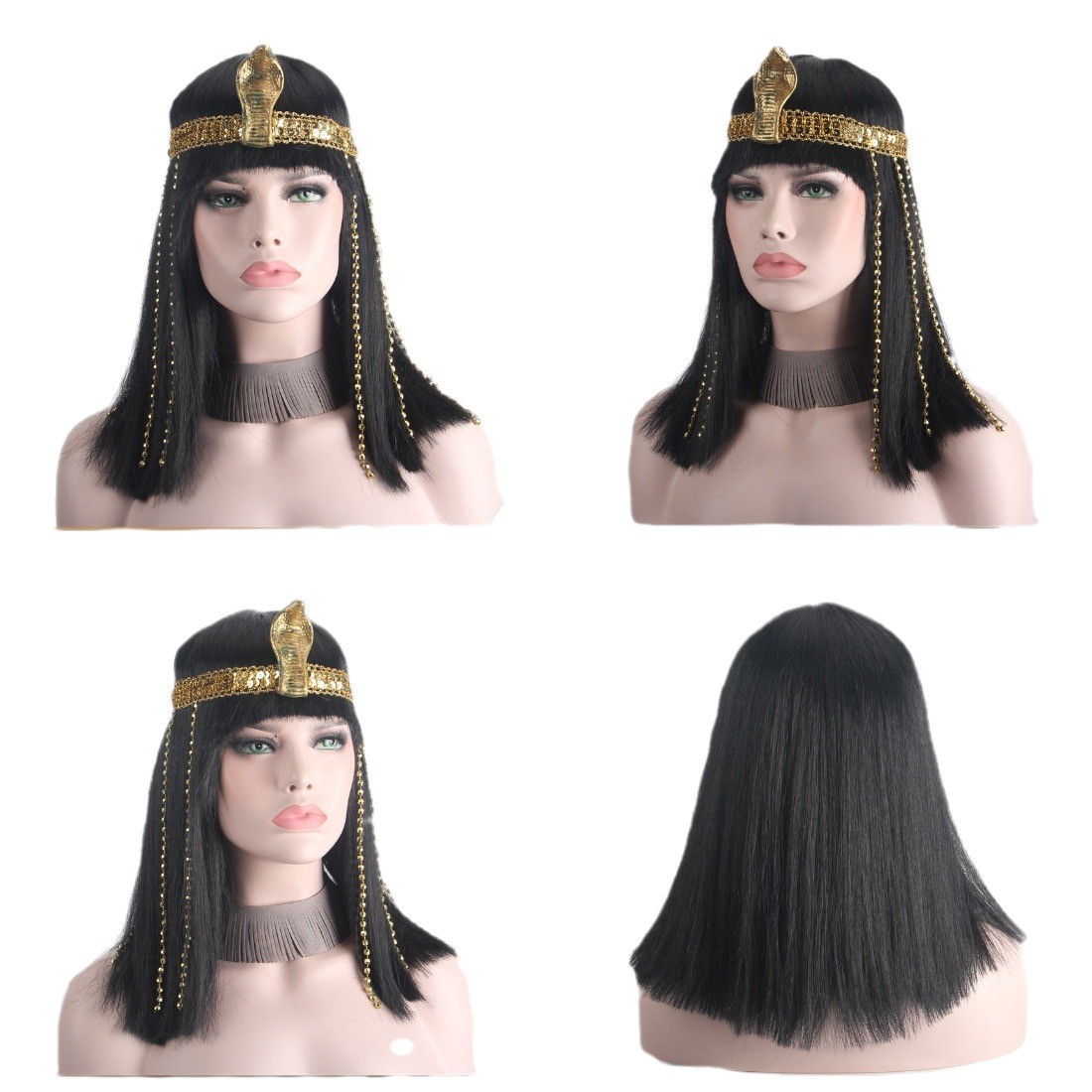 Cleopatra Cosplay Wig Headgear Black Long Straight Hair Natural Simple Wig Set with Bangs Chemical Fiber Hair
