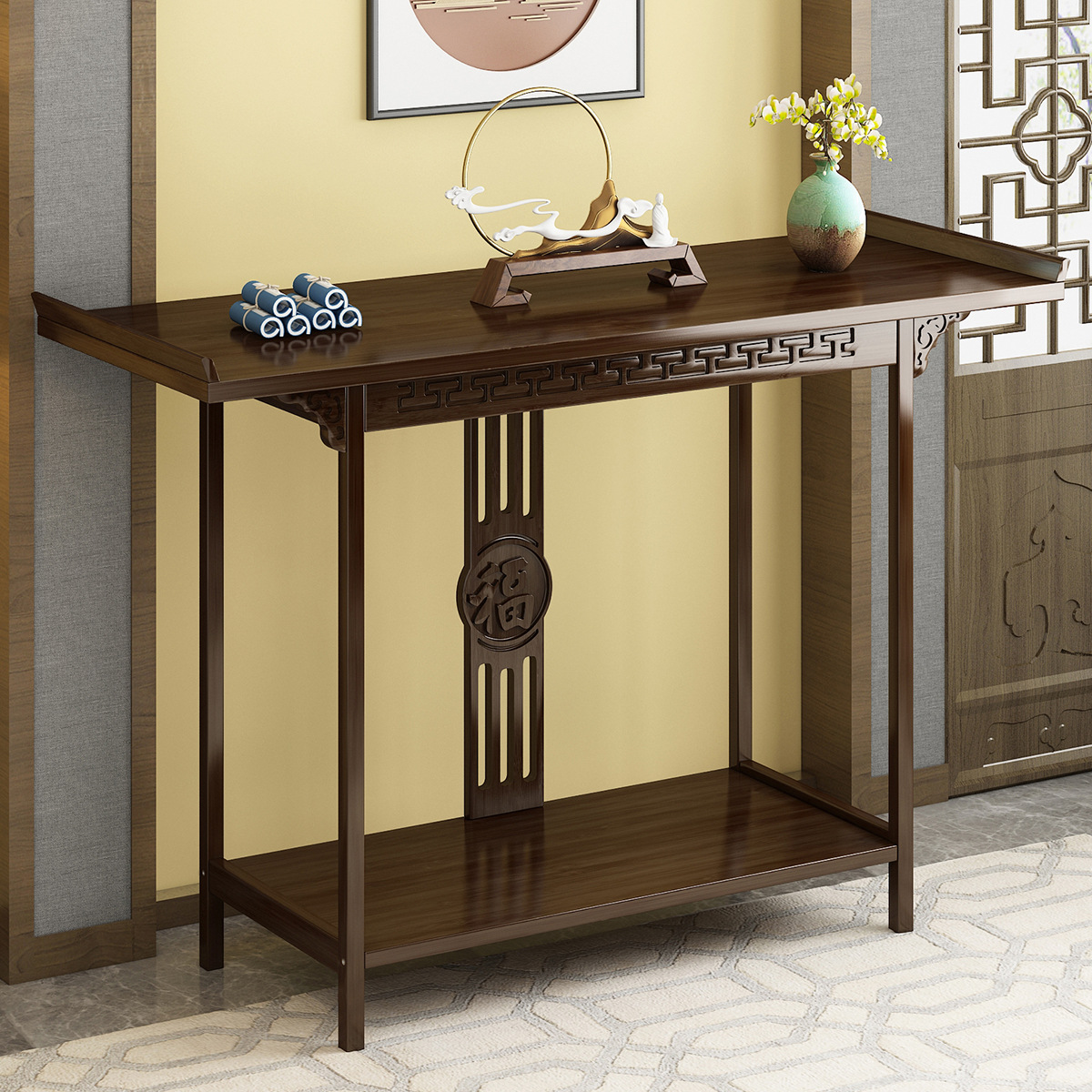 New Chinoiserie Entrance Table Light Luxury Door Floor-Standing Household Partition Cabinet Offering Table Strip Table Solid Wood Entrance Cabinet Offering Table