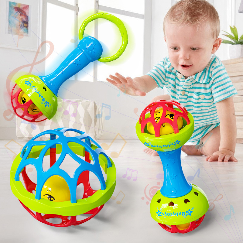 Cross-border hot-selling puzzle soft rubber hand ball baby toy double-headed rattle baby 0-12 months fitness ball gum