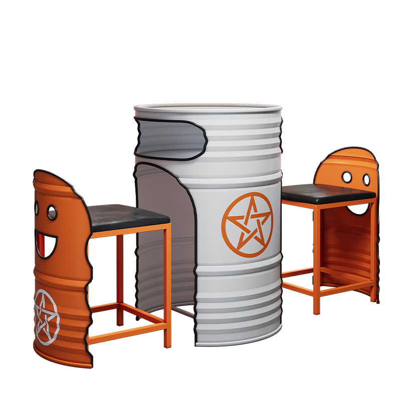 Trendy Milk Tea Coffee Bar Gym Billiard Room Shop Indoor and Outdoor Industrial Style Plastic Wood Oil Drum Table and Chairs Commercial Use