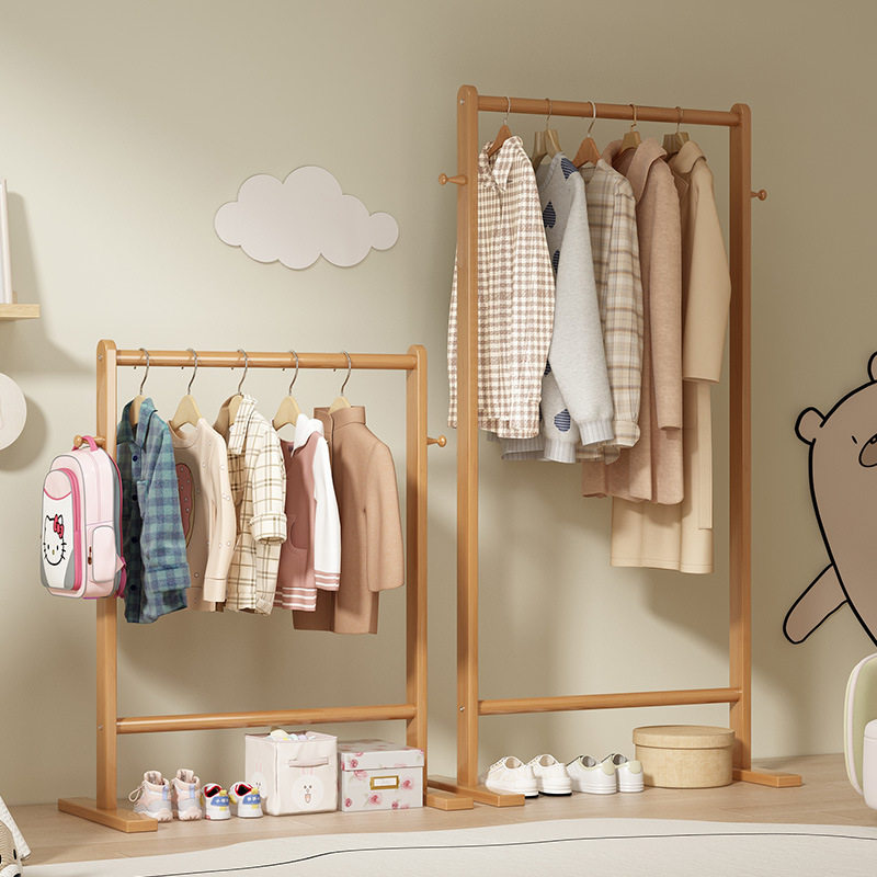 Children's Coat Rack Floor Bedroom Bedside Single Rod Vertical Hanger Simple Clothes Rack Children's Clothing Store Solid Wood