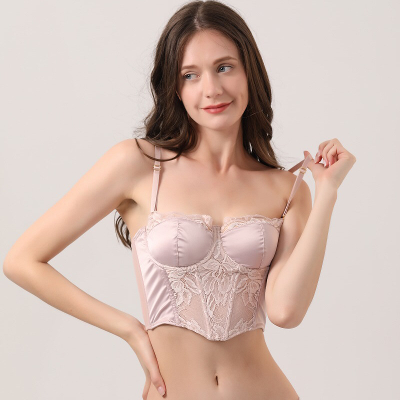French-Style Vest-Style Fishbone Shapewear Bra for Women with Small Busts, Gathered Smooth Lace Trim Lingerie, Long Bra, Tight-Fitting