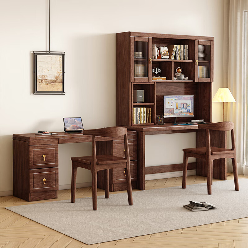 New Chinese Style Black Walnut Solid Wood Corner Desk Integrated Bookshelf Bookcase Desktop Computer Desk Desk Study Table