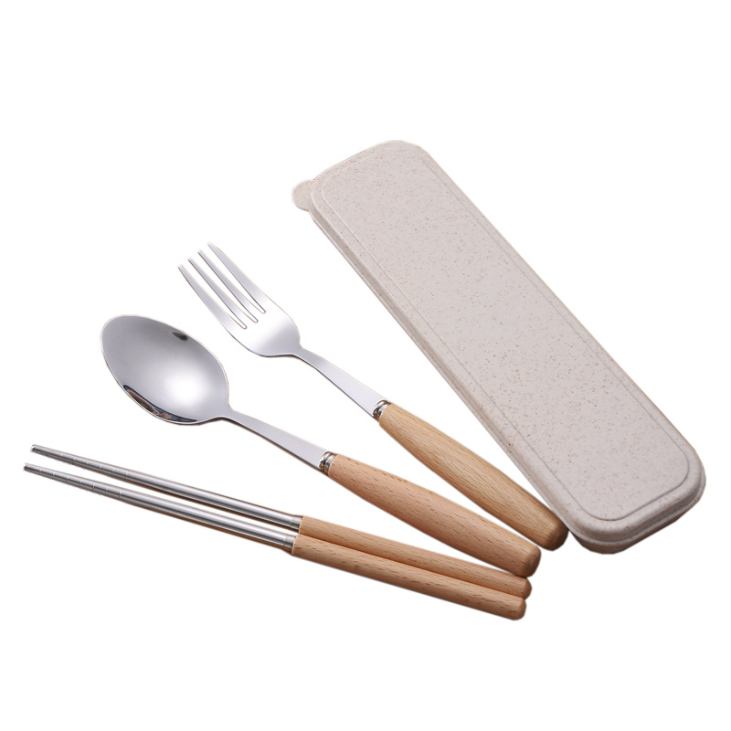 Japanese-style wooden handle tableware stainless steel spoon Fork chopsticks three-piece set student Outdoor gift portable tableware set