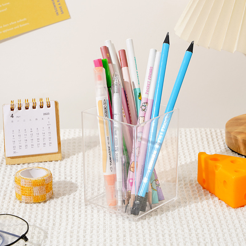 Square acrylic transparent pen holder simple storage stationery box multi-kinetic energy pen holder student pen holder storage container wholesale