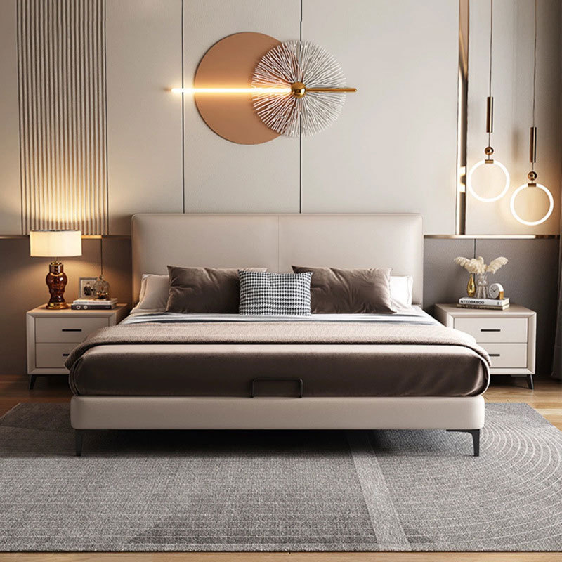 Кровать в итальянском стиле, минималистичная, кожаная, современная простая, легкая роскошь, двуспальная, для маленькой квартиры, из массива дерева