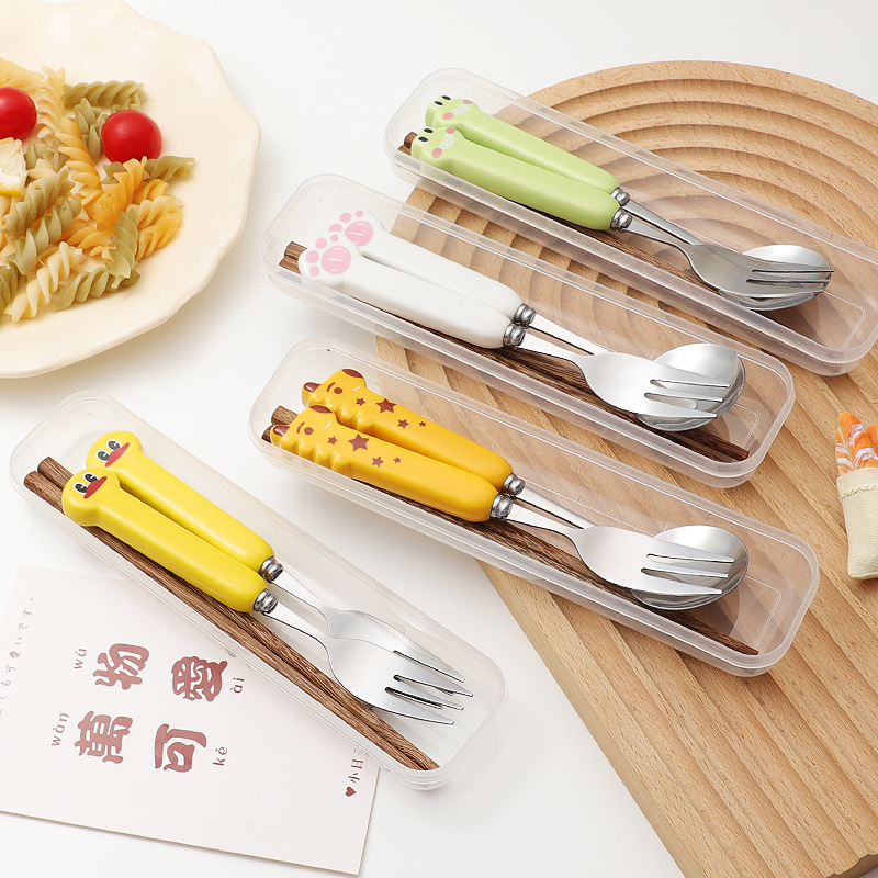 Милый набор из 3-х предметов с коробкой для хранения: ложка, вилка, палочки, мультяшные столовые приборы из нержавеющей стали для детей и студентов