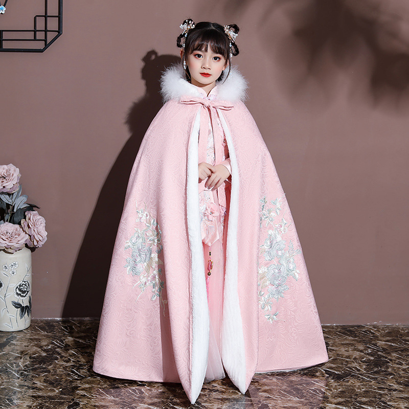 Girls' Cloak Cloak Fur Collar Fleece-Lined Thickened Winter Outgoing New Year Clothing Children's Super Fairy Princess Antique Hanfu