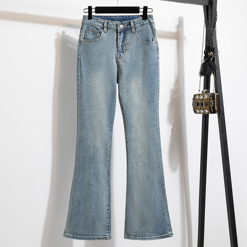 Real Shot Slim Look Micro Lar Jeans Women's Autumn New plus size chubby girl Pear Shape High Waist Elastic Horn Pants