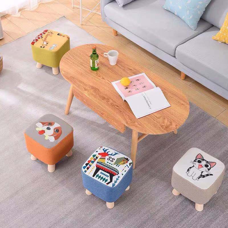 Shoe Changing Stool, Fabric Stool, Small Wooden Stool, Sofa Stool, Cartoon Stool, Household Solid Wood Square Stool, Event Gift Stool