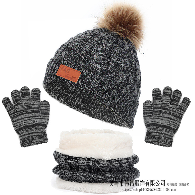 Cross-border European and American variegated children's hat scarf gloves three-piece autumn and winter New Single ball baby hat