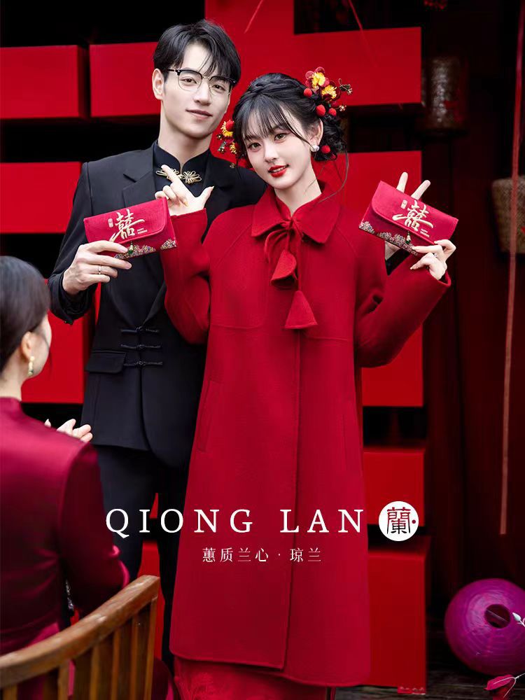 New Year Red Imitation Wool Coat Little 2024 Autumn and Winter Engagement Wedding Toast Bridal Woolen Coat