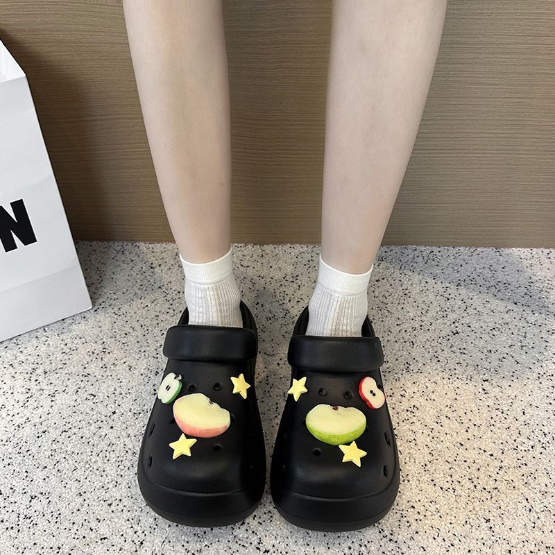 Cute Apple Cartoon Thick-Soled Clogs for Women, Fashionable Outdoor Wear, Breathable Soft Sole Closed-Toe Sandals for Summer 2025