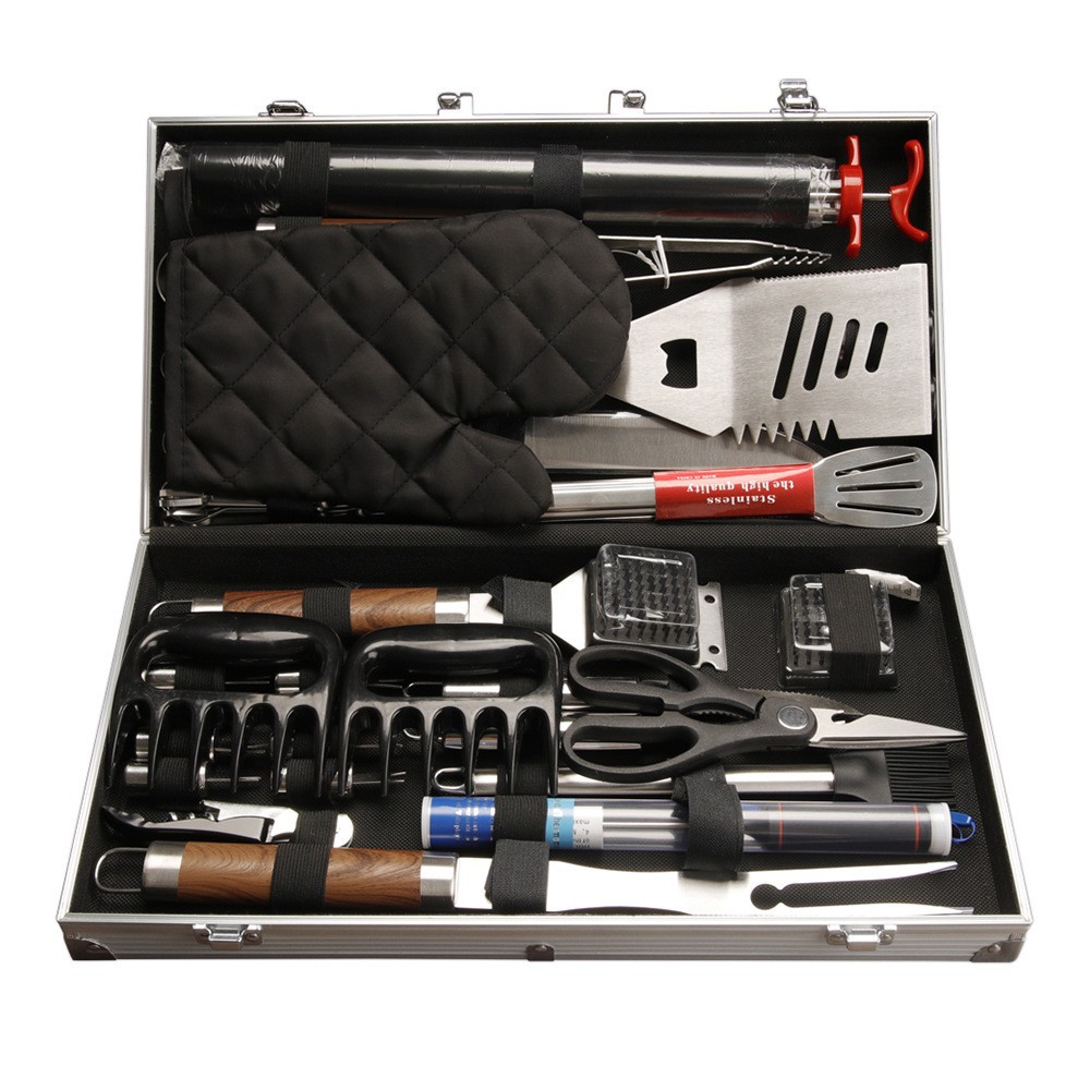 Amazon Cross-Border Best-Selling Wood Grain Barbecue Tool Set 38-Piece Aluminum Box Wooden Handle Outdoor Picnic Combination Grill