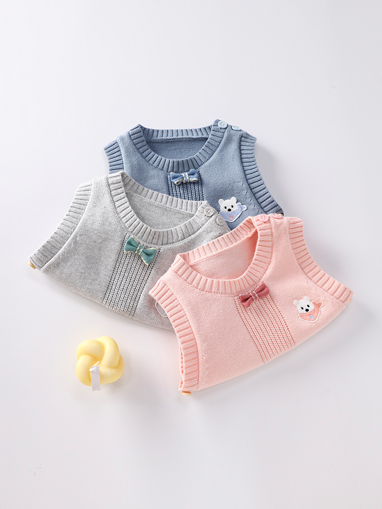 Baby spring and autumn sleeveless top baby small bow tie knitted vest wholesale boys and girls solid color cotton vest