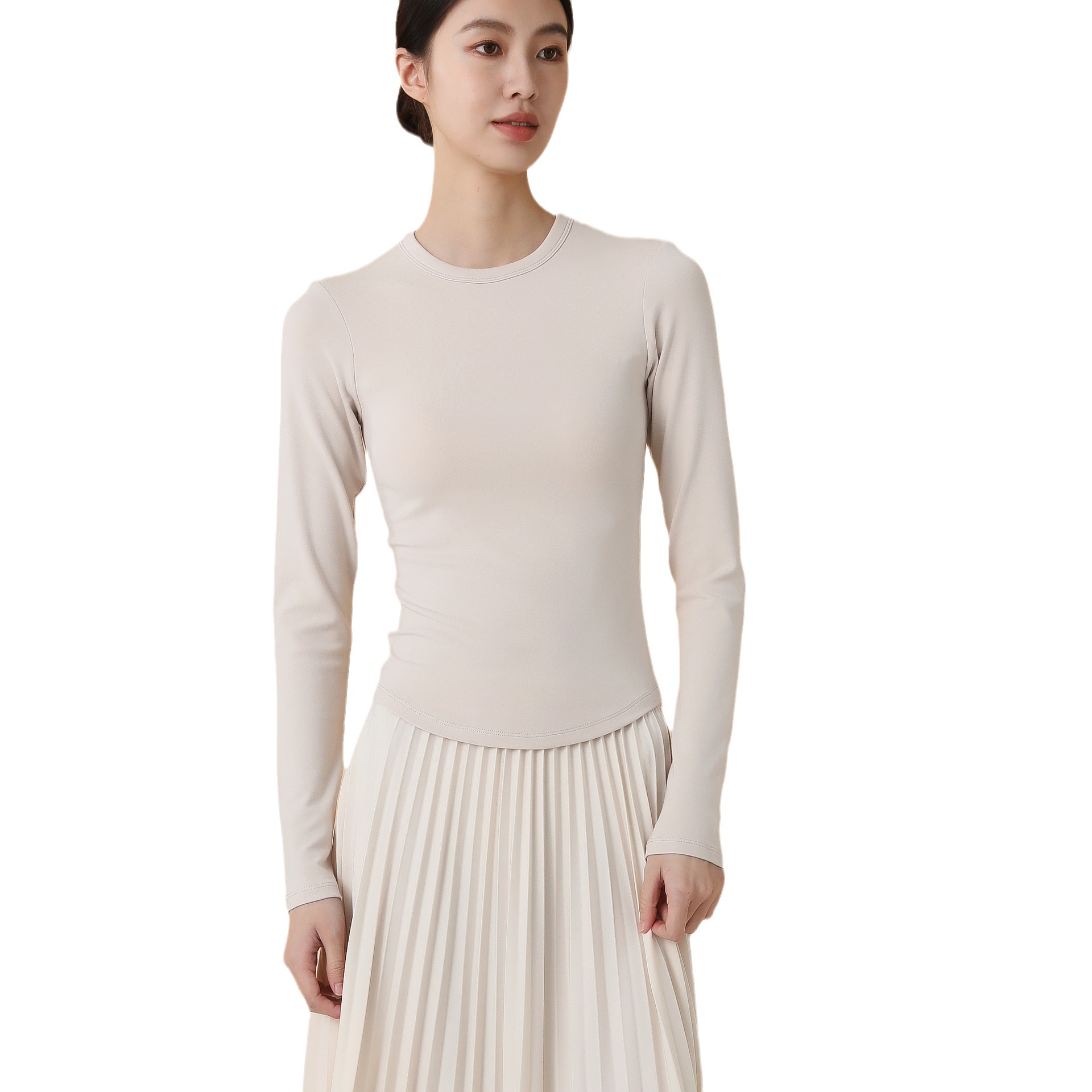 Women's bra with chest one-piece inner long top small round neck T-shirt with bra long sleeve slim bottoming shirt