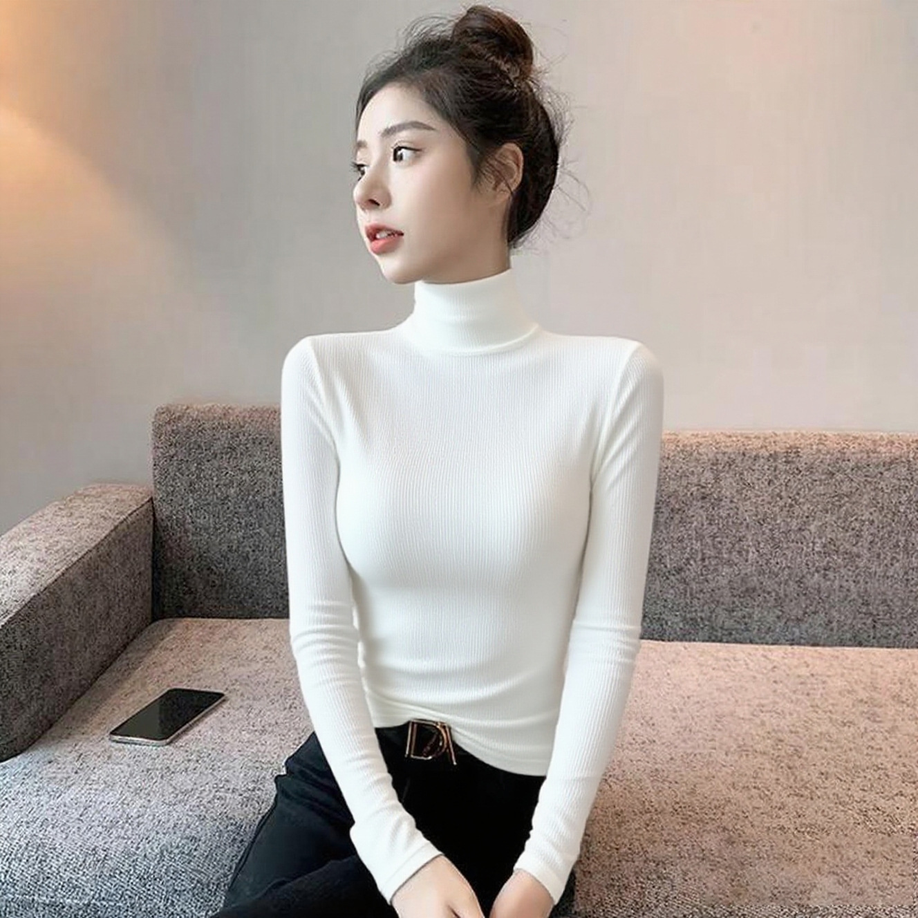 Dark Gray High-Neck Ribbed Base Shirt for Women, Early Spring New Slim-Fit Solid Color Versatile Stylish Long-Sleeve Women's T-Shirt