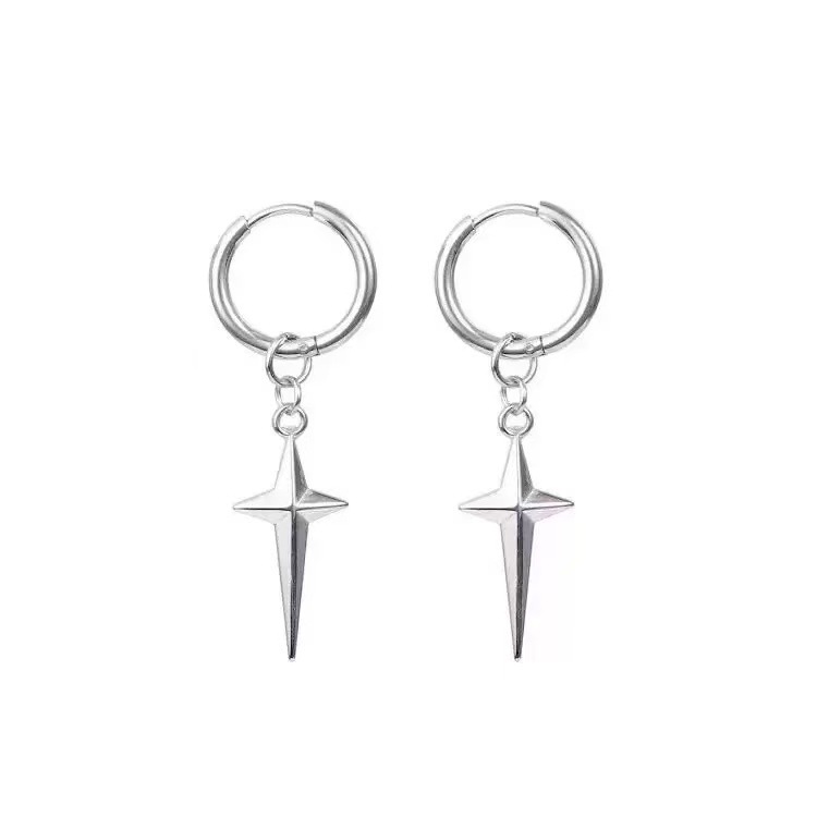 Four-Pointed Star Hoop Earrings, Cool Style, Niche Design, Fashionable and Versatile Cross Earrings, High-End Daily Hip-Hop