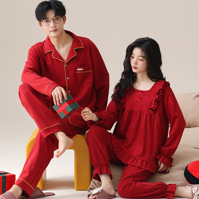 Wedding Zodiac Year Newlywed Couple Pajamas Set Men's Spring and Autum Red Long-Sleeved Red Festive Women's Home Clothes