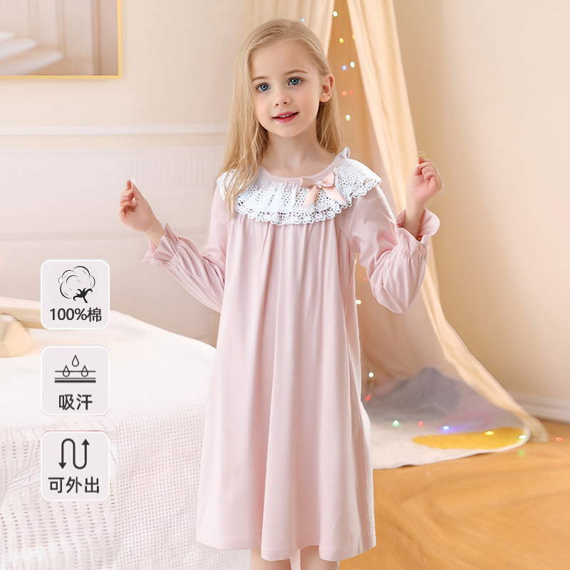 Children's Nightgown Cotton Long Sleeve Girls' Nightgown Baby's Air-conditioning Clothing Home Clothes Parent-Child Adult Women's Nightgown