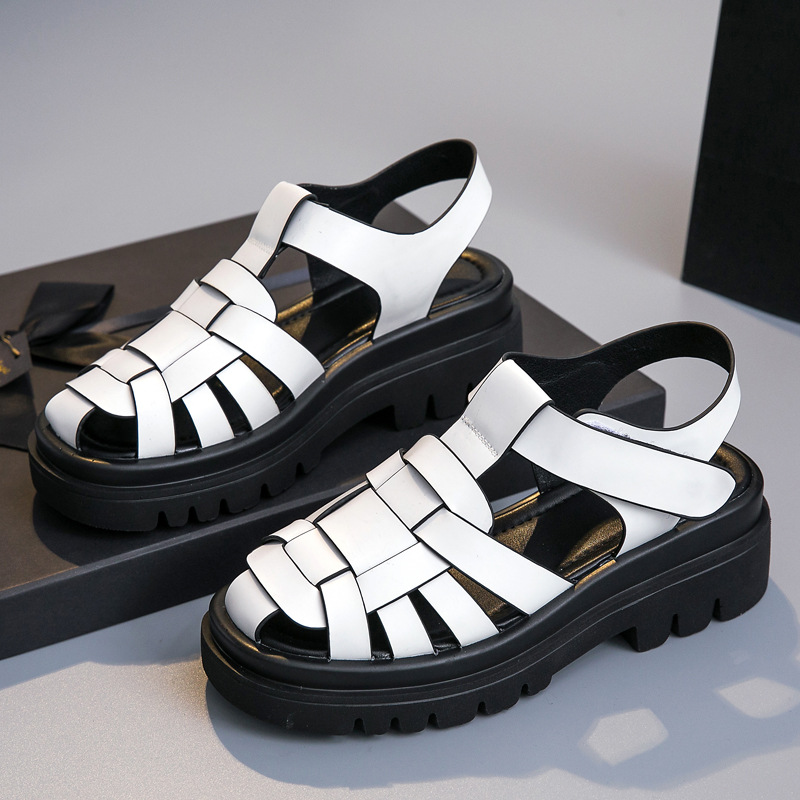 2025 Women's Shoes Retro Breathable Thick-Soled Woven Roman Toe Shoes with Velcro Sandals for Women, Lightweight and Comfortable for Summer