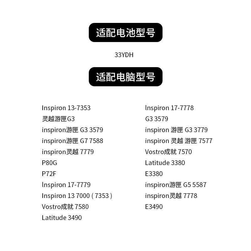 For Dell 33YDH G3-3579 3779 G5-5587 7580 7778 7577 Notebook Battery
