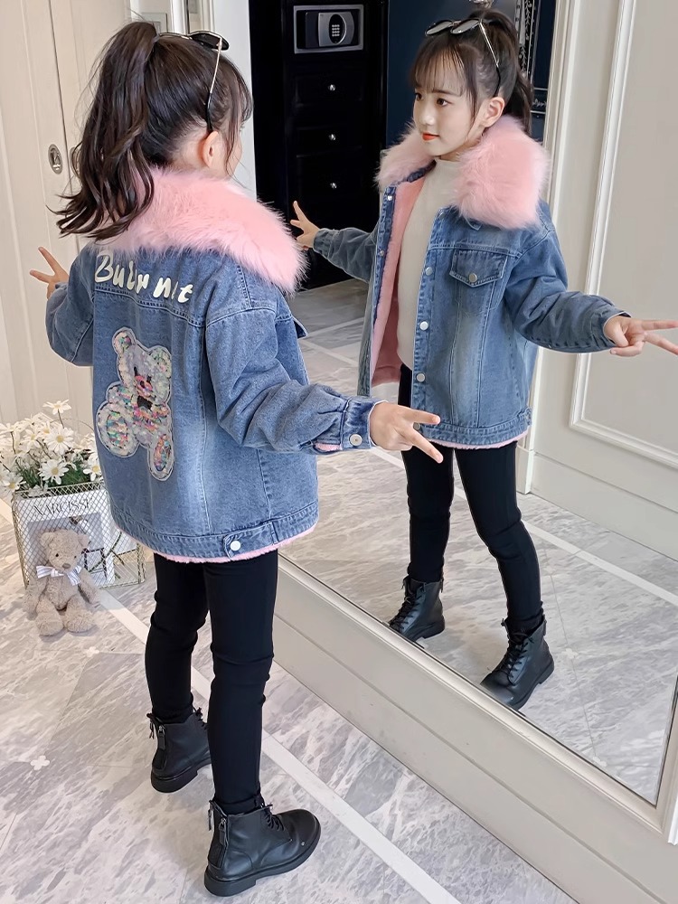 Girls' Velvet Coat 2024 New Children's Denim Autumn and Winter Thickened Big Children's Wear Girls' Winter Cotton-padded Jacket