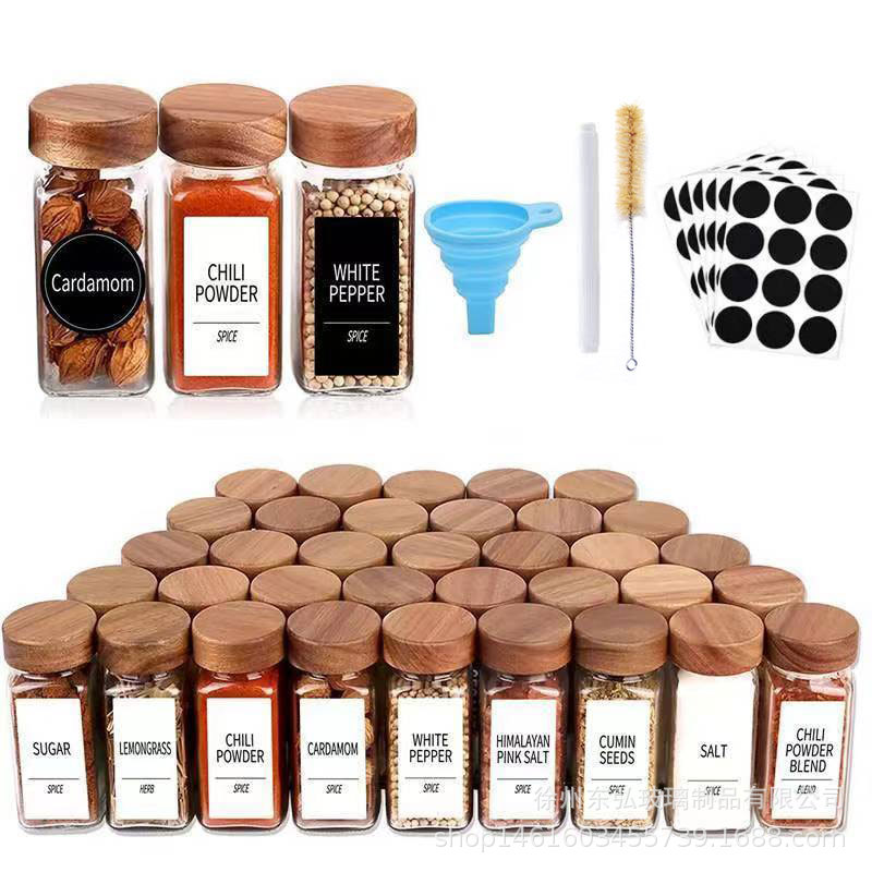 Square Salt Shaker Kitchen Seasoning Jar Chili Jar Seasoning Bottle Seasoning Bottle Combination Set Acacia Wood Glass Seasoning Jar