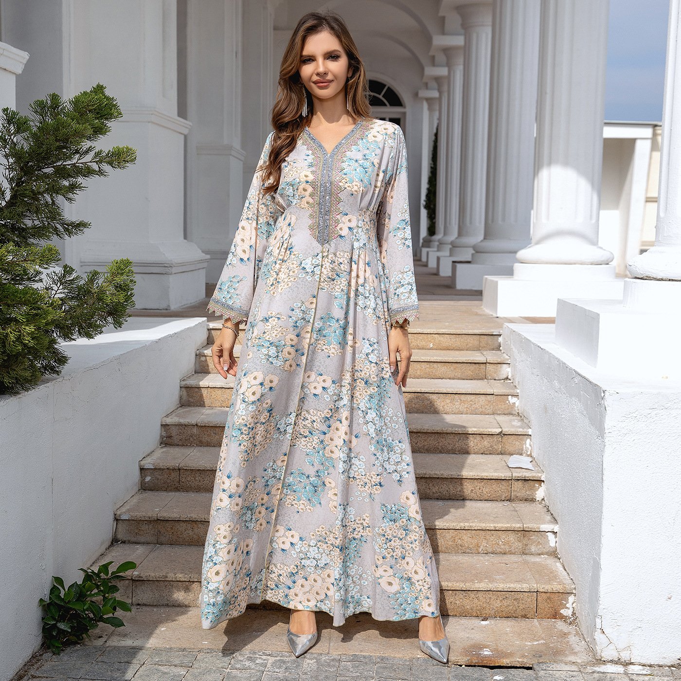 Spot Cross-Border Export Muslim Robe Women's Dubai Loose Evening Dress Printed Robe Dress