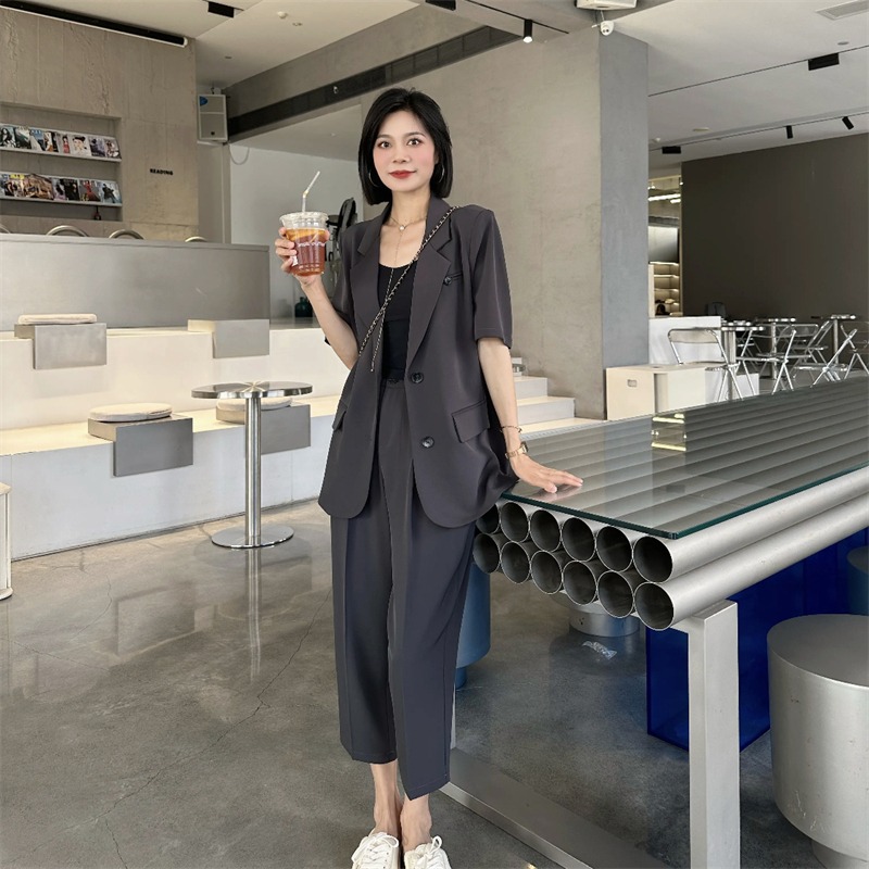 2649 plus size women's suit jacket women's Korean style chubby girl Summer new thin casual cropped pants suit commuter