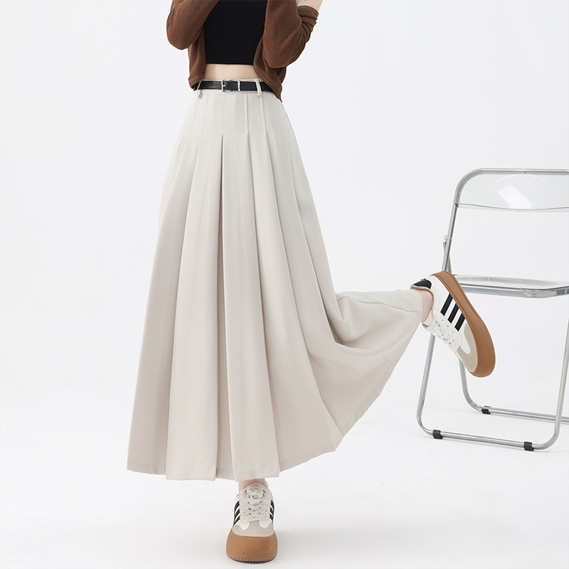 Skirt Women's Autumn and Winter High Waist Slim Pleated Skirt Belt Large Swing High Waist Suit Elegant and Fashionable Mid-Length Skirt