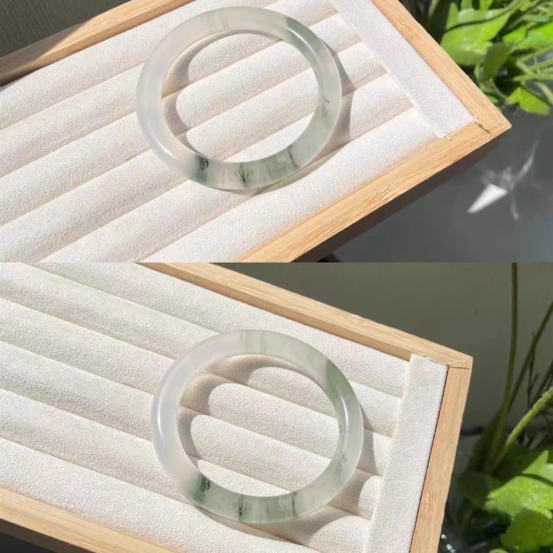 Popular Natural Xinjiang Tianshan Jade Bracelet, Half Mountain and Half Water Bracelet, Ice Waxy Seed Floating Flower Thin Round Bar Women's Bracelet