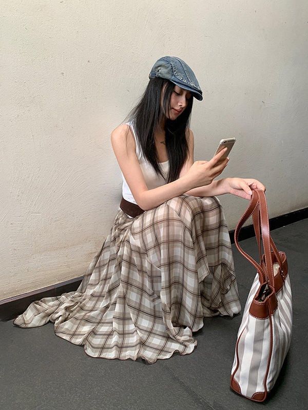 [Yunheyu] Irregular Plaid Skirt for Women 2025 Summer New Retro Versatile Skirt A-Line Long Skirt
