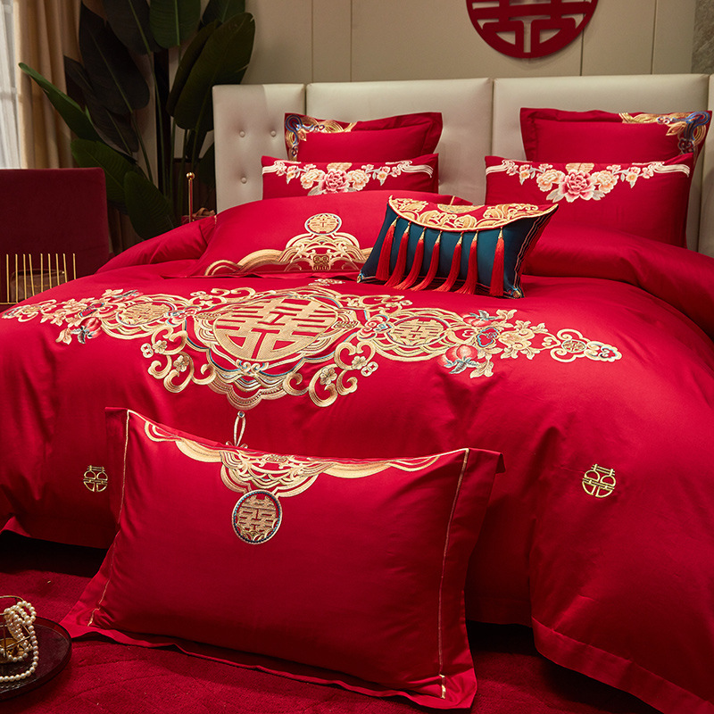 New Chinese-Style Wedding Pure Cotton Four-Piece Set, Bright Red with the Character for Happiness, All-Cotton Embroidery, Wedding Room Dowry, Eight-Piece Wedding Set with Dragon and Phoenix