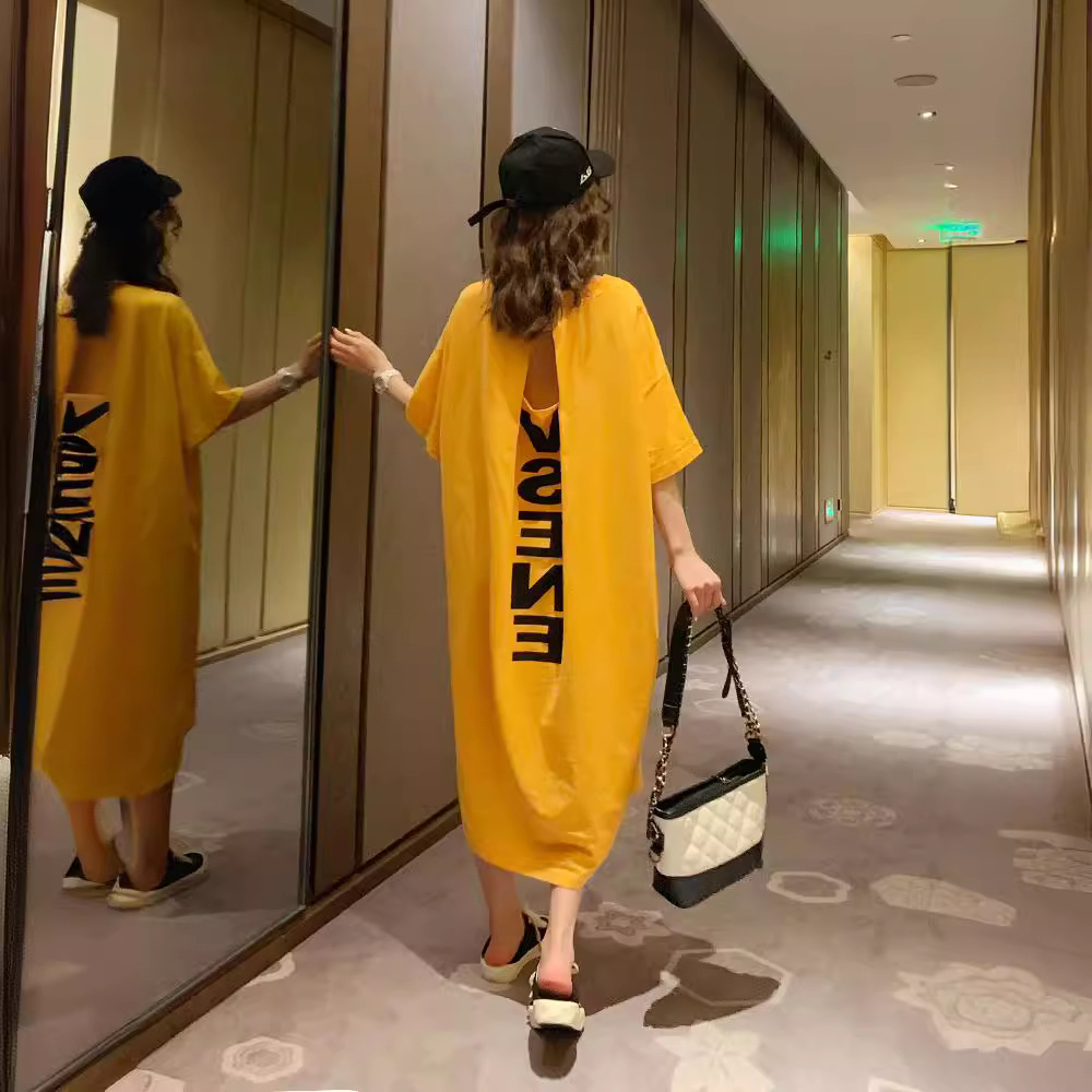 Летнее корейское платье для больших размеров, 100 кг, длинное, без спины, свободное, длинная юбка, короткий рукав, платье для беременных