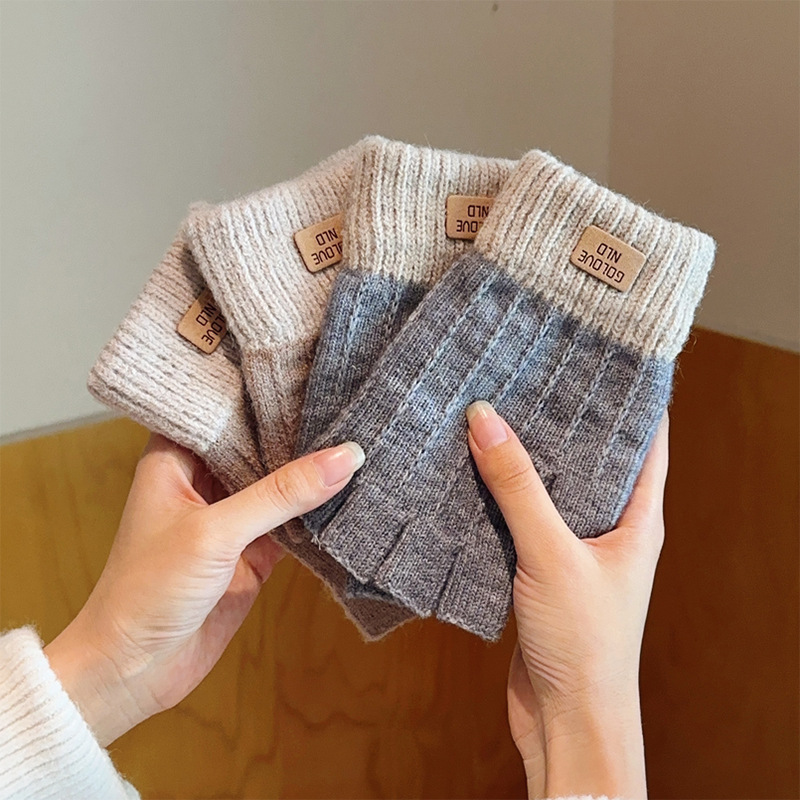 Зимние полупальцевые перчатки для студентов, вязаные из шерсти, с флисовой подкладкой, сенсорный экран, для письма, нескользящие, открытые пальцы, теплые для велоспорта