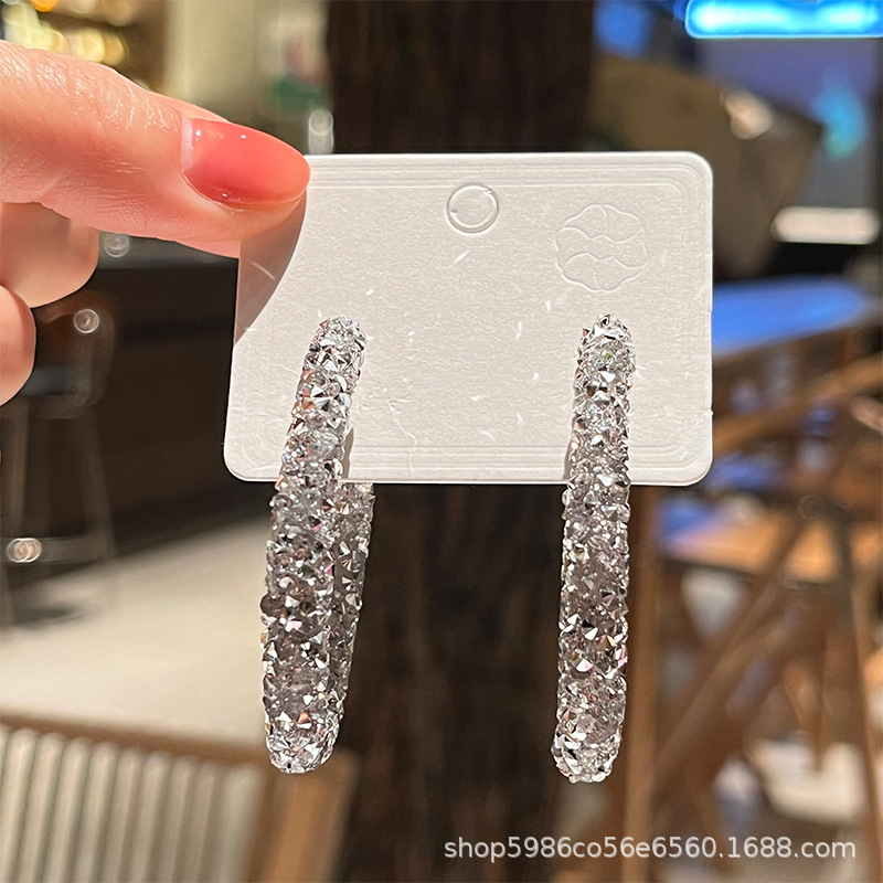 S925 Silver Needle New Trendy Internet Celebrity Popular Large Round Earrings Earrings High-End Full Diamond Elegant Circle Earrings