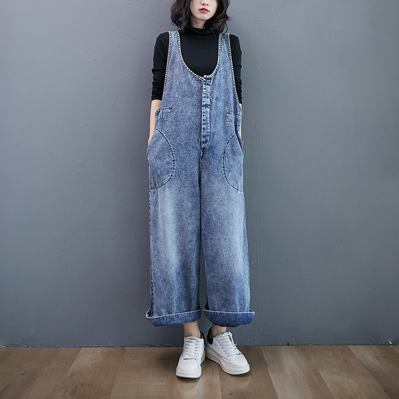 Real Stock Loose Retro Overalls Denim Wide-Leg Pants Denim Overalls Jumpsuit Long Pants