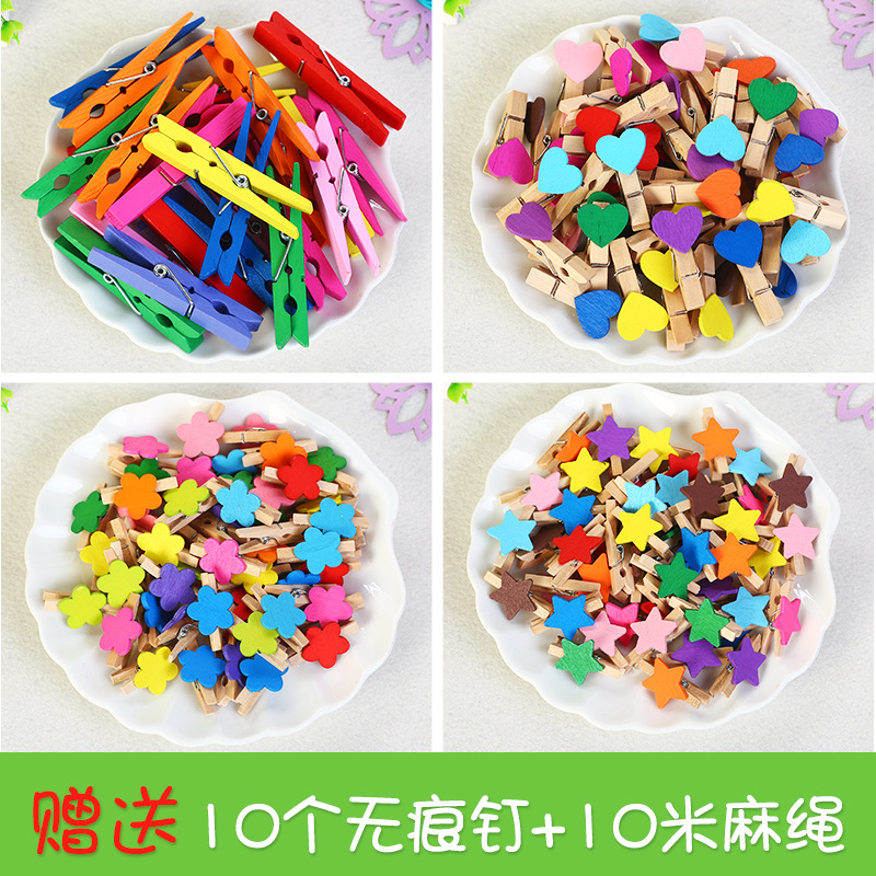 Color Photo Wooden Clip Notes Clip Wooden Love Hemp Rope Clip Kindergarten Classroom Photo Wall Decoration