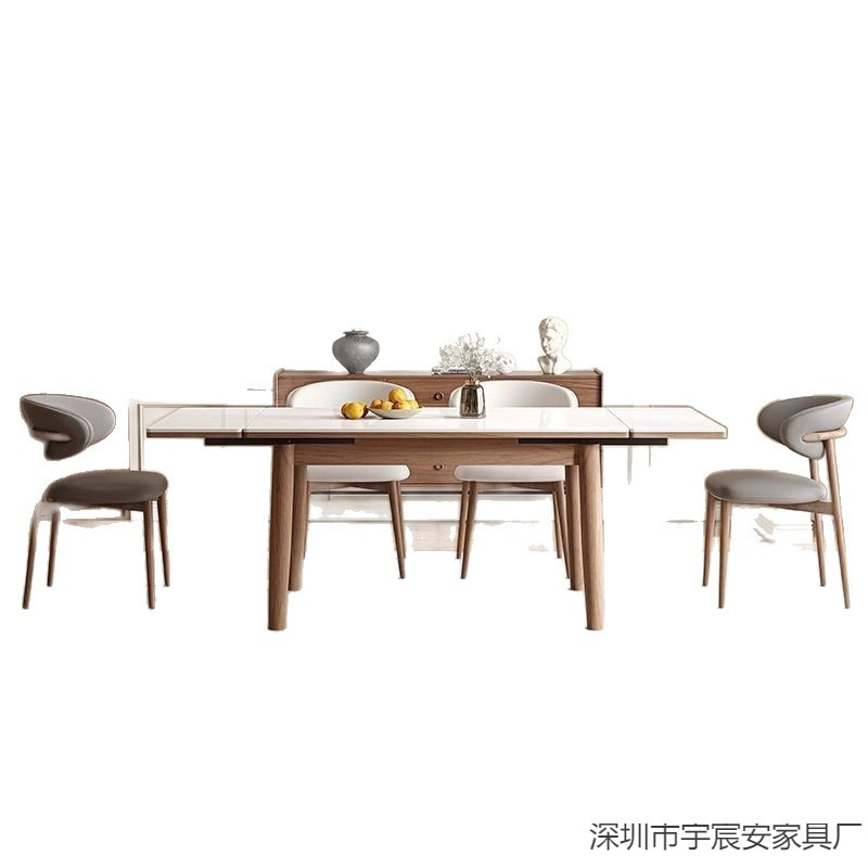 Retractable Rectangular Solid Wood Rock Plate Dining Table Folding Modern Simple Light Luxury Home Small Apartment Walnut Color Dining Table