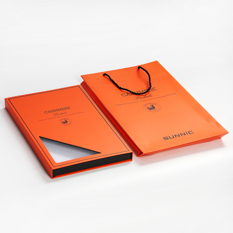 Gift Box Custom Scarf Box Transparent Flip Lid Scarf Box Orange Special Paper Embossed Book Box Satchel Set