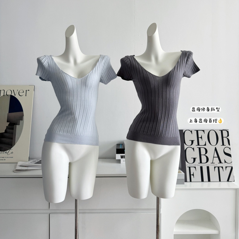 Korean Style Gentle Simple and Free V-neck Vertical Pit Knitted T-shirt Women's Design Sense Spring and Summer All-match Pure Desire Short Sleeve Top