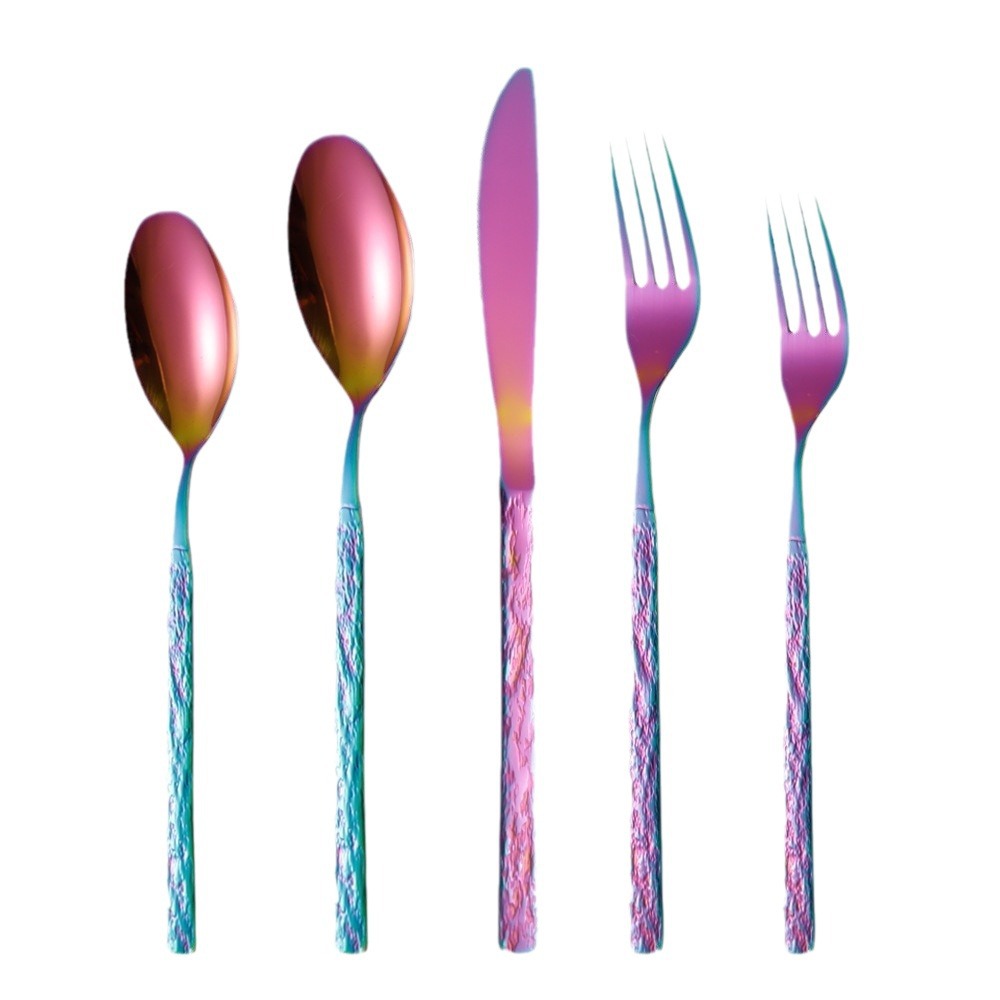 Amazon Stainless Steel Western Tableware Set Retro Stone Embossed Steak Knife and Fork Spoon Dessert Fork Spoon Five-piece Set