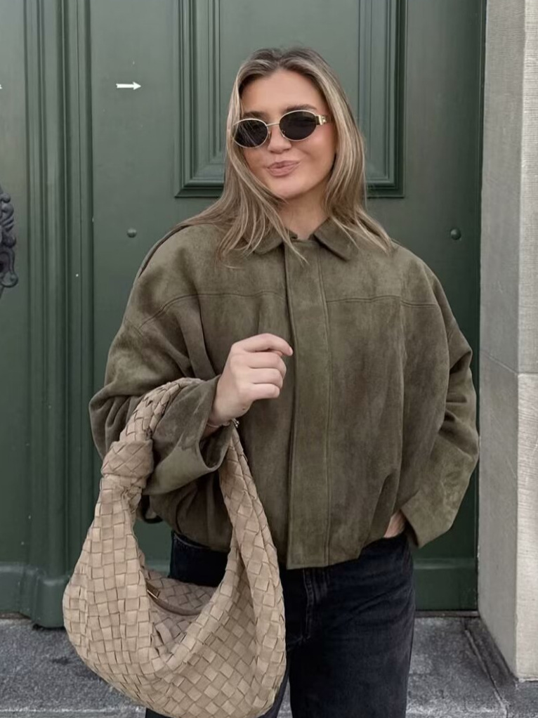 Cross-border Foreign Trade Women's 2025 Autumn European and American Style Lapel Suede Jacket Baseball Jacket Women's B88824